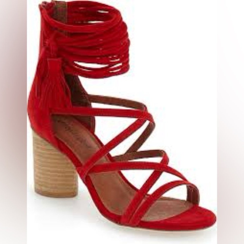 Gorgeous Red Tassel/Suede Jeffrey Campbell Despina Block Heel Sandal - Size 8
